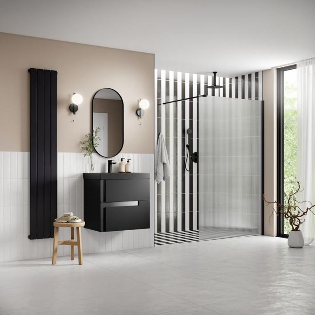 Apex 800mm Matt Black Fluted Glass 8mm Wetroom Screen